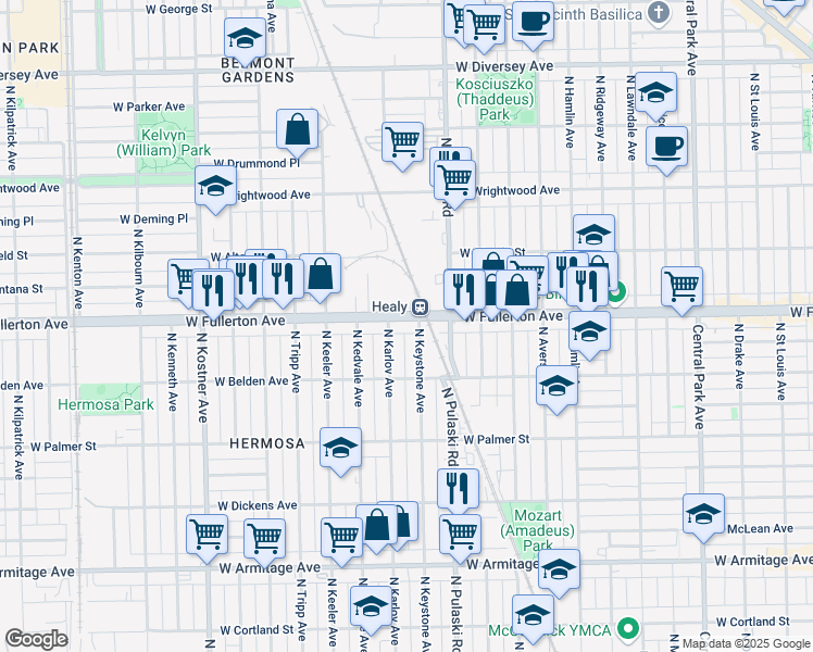 map of restaurants, bars, coffee shops, grocery stores, and more near 2327 North Karlov Avenue in Chicago