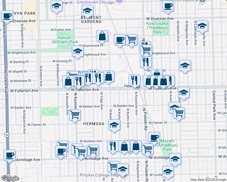 map of restaurants, bars, coffee shops, grocery stores, and more near 2330 North Kedvale Avenue in Chicago