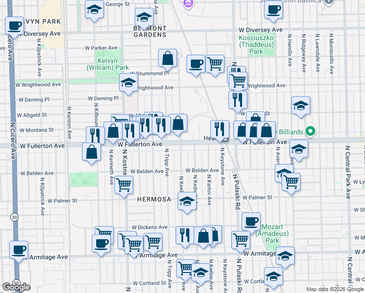 map of restaurants, bars, coffee shops, grocery stores, and more near 2326 North Keeler Avenue in Chicago