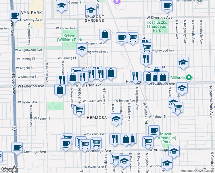 map of restaurants, bars, coffee shops, grocery stores, and more near 2326 North Keeler Avenue in Chicago