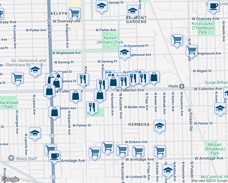 map of restaurants, bars, coffee shops, grocery stores, and more near 2330 North Kenneth Avenue in Chicago