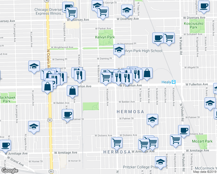 map of restaurants, bars, coffee shops, grocery stores, and more near 2330 North Kenneth Avenue in Chicago