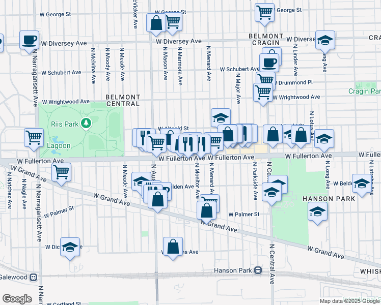 map of restaurants, bars, coffee shops, grocery stores, and more near 5835 West Fullerton Avenue in Chicago