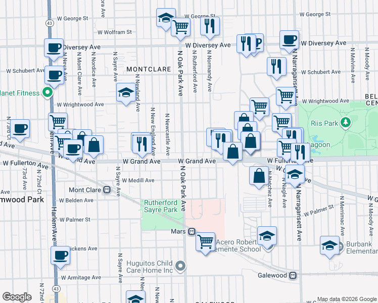 map of restaurants, bars, coffee shops, grocery stores, and more near 6763 West Grand Avenue in Chicago