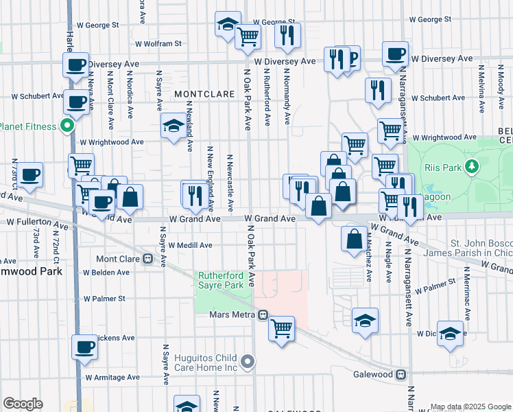map of restaurants, bars, coffee shops, grocery stores, and more near 6763 West Grand Avenue in Chicago