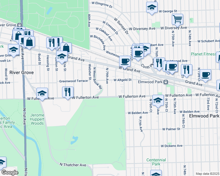map of restaurants, bars, coffee shops, grocery stores, and more near 7900 West Fullerton Avenue in Elmwood Park