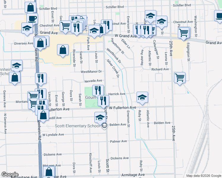 map of restaurants, bars, coffee shops, grocery stores, and more near 9945 Herrick Avenue in Franklin Park