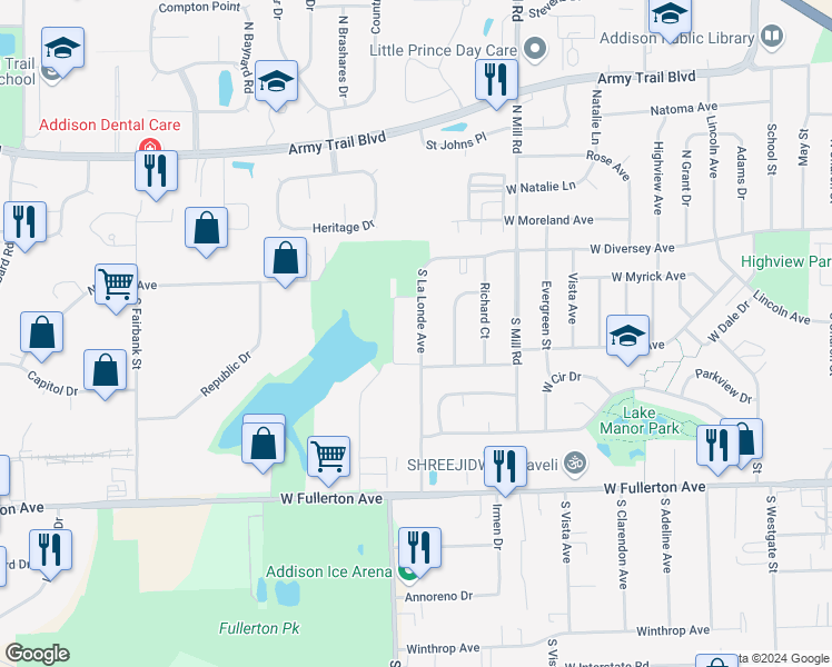 map of restaurants, bars, coffee shops, grocery stores, and more near 166 South La Londe Avenue in Addison