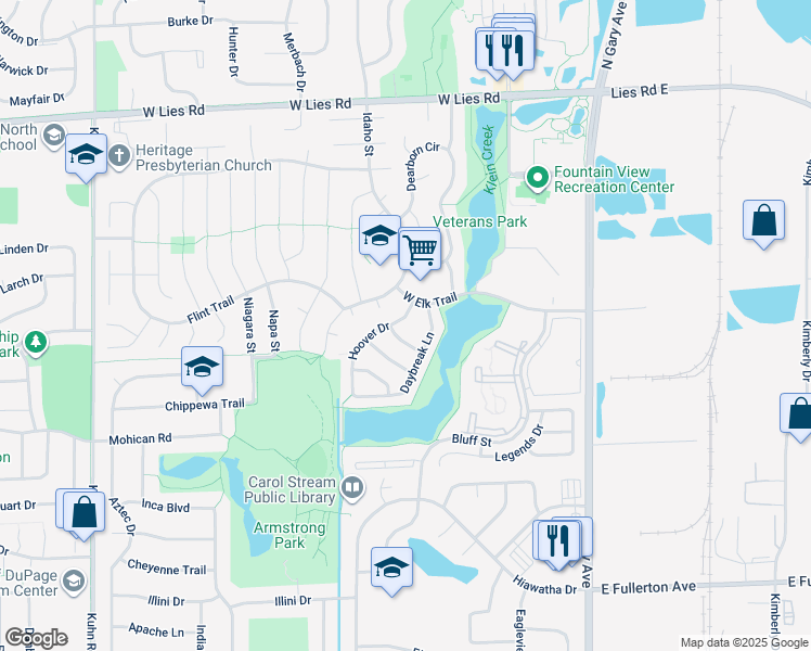 map of restaurants, bars, coffee shops, grocery stores, and more near 262 Allegro Lane in Carol Stream