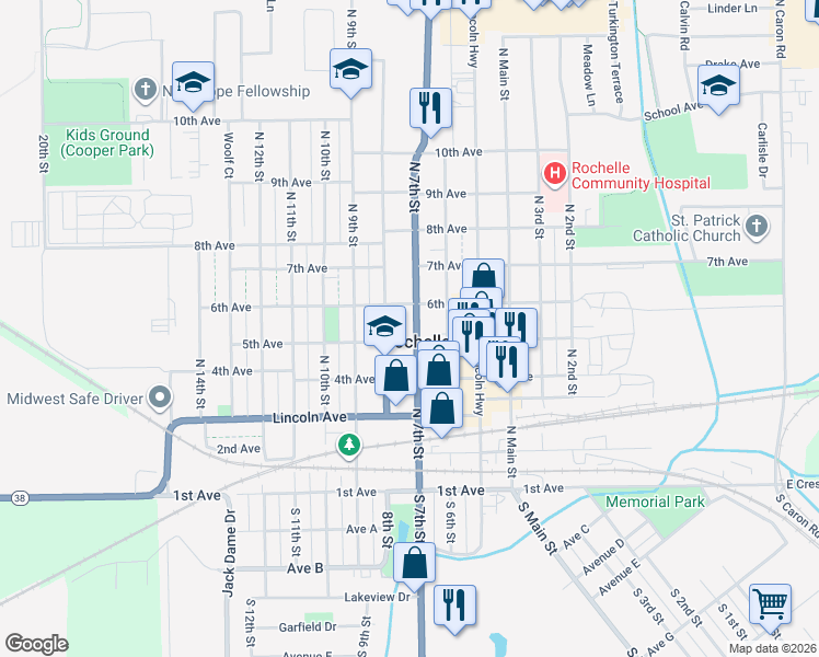 map of restaurants, bars, coffee shops, grocery stores, and more near in Rochelle