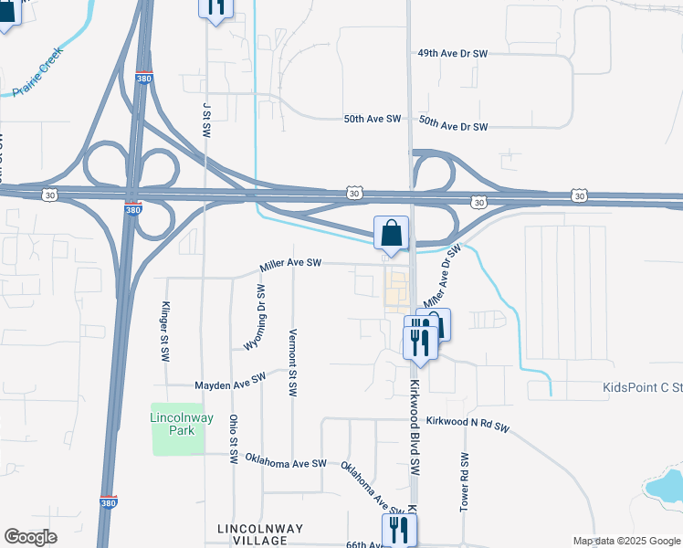 map of restaurants, bars, coffee shops, grocery stores, and more near 75 Miller Avenue Southwest in Cedar Rapids