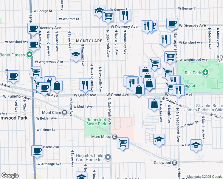 map of restaurants, bars, coffee shops, grocery stores, and more near 2421 North Oak Park Avenue in Chicago