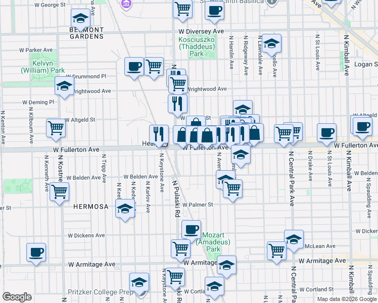 map of restaurants, bars, coffee shops, grocery stores, and more near 3935 West Fullerton Avenue in Chicago