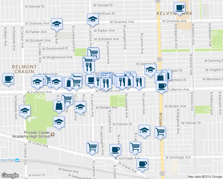 map of restaurants, bars, coffee shops, grocery stores, and more near 5054 West Fullerton Avenue in Chicago