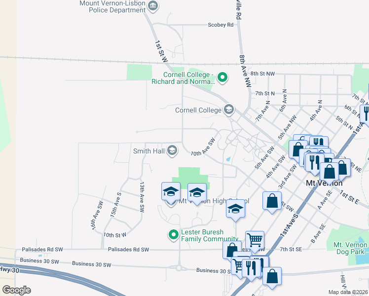 map of restaurants, bars, coffee shops, grocery stores, and more near 10th Avenue South in Mount Vernon