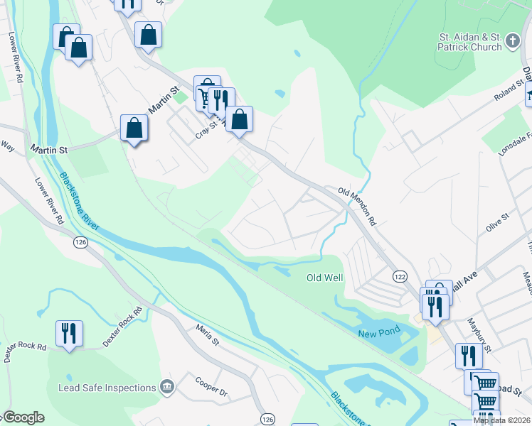map of restaurants, bars, coffee shops, grocery stores, and more near 12 Mill Stream Drive in Cumberland