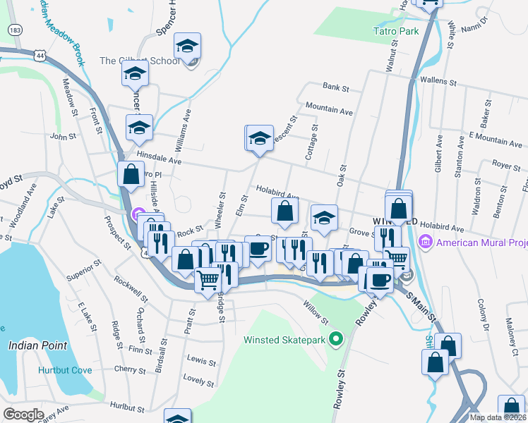 map of restaurants, bars, coffee shops, grocery stores, and more near 16 Perkins Street in Winsted