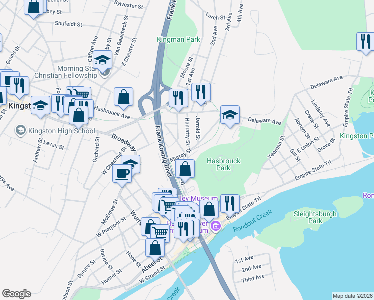 map of restaurants, bars, coffee shops, grocery stores, and more near in Kingston