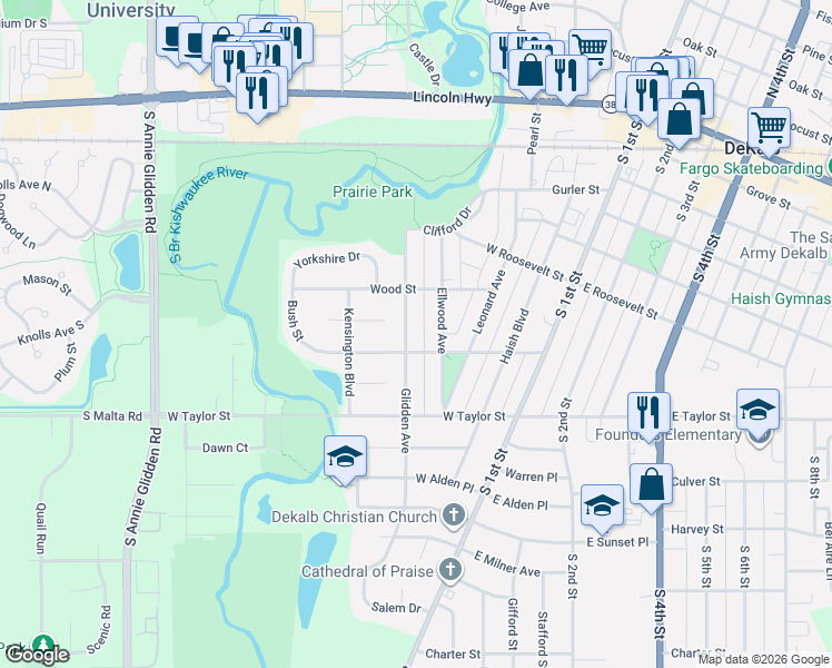 map of restaurants, bars, coffee shops, grocery stores, and more near 807 Ellwood Avenue in DeKalb