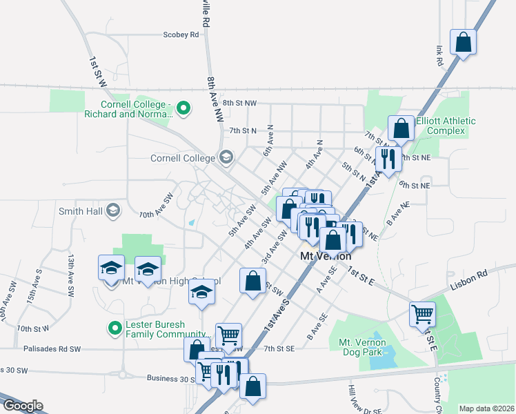 map of restaurants, bars, coffee shops, grocery stores, and more near 110 4th Ave S in Mt Vernon