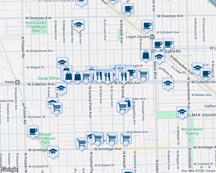 map of restaurants, bars, coffee shops, grocery stores, and more near 3509 West Fullerton Avenue in Chicago