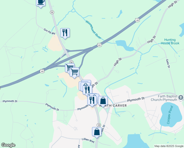 map of restaurants, bars, coffee shops, grocery stores, and more near 6 High Street in Carver