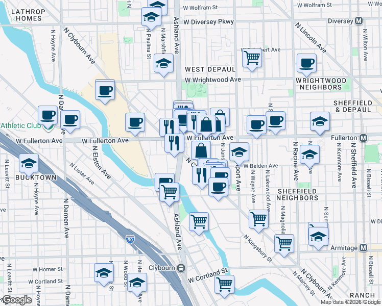 map of restaurants, bars, coffee shops, grocery stores, and more near 2303 North Clybourn Avenue in Chicago