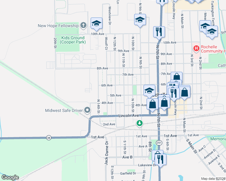 map of restaurants, bars, coffee shops, grocery stores, and more near 425 North 12th Street in Rochelle
