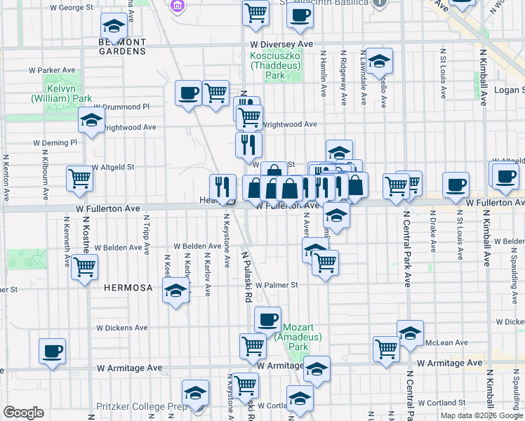 map of restaurants, bars, coffee shops, grocery stores, and more near 3937 West Fullerton Avenue in Chicago