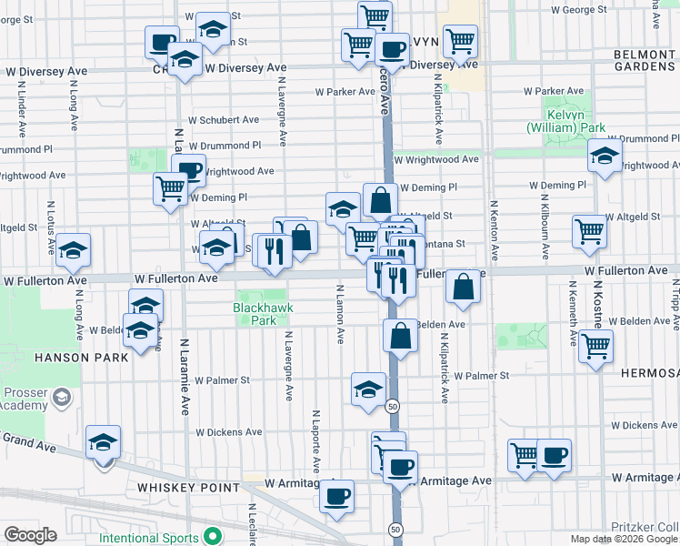 map of restaurants, bars, coffee shops, grocery stores, and more near W Fullerton Ave & N Lamon Ave in Chicago