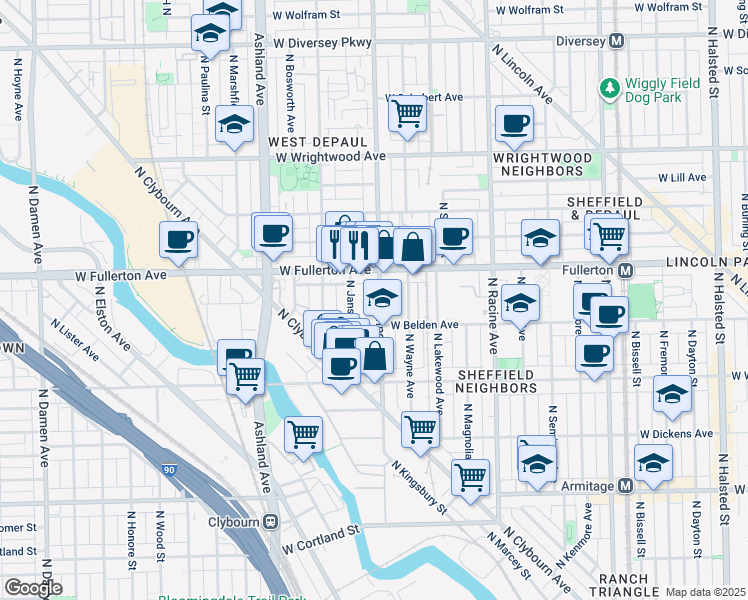 map of restaurants, bars, coffee shops, grocery stores, and more near 2326 North Southport Avenue in Chicago