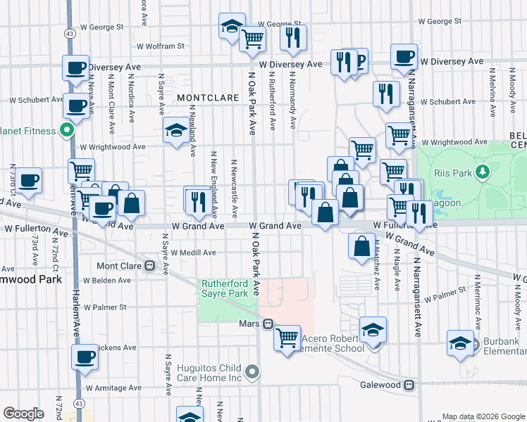 map of restaurants, bars, coffee shops, grocery stores, and more near 6763 West Grand Avenue in Chicago