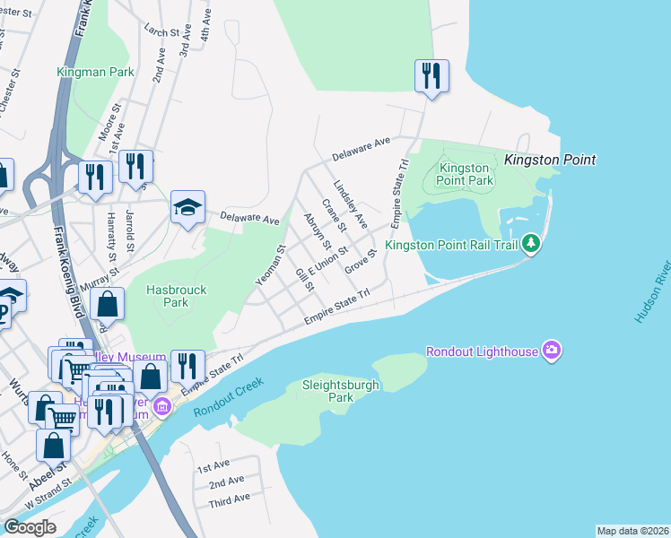 map of restaurants, bars, coffee shops, grocery stores, and more near 283 East Union Street in Kingston