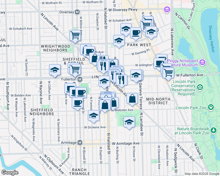 map of restaurants, bars, coffee shops, grocery stores, and more near 2371 North Lincoln Avenue in Chicago