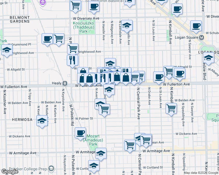 map of restaurants, bars, coffee shops, grocery stores, and more near 2415 North Hamlin Avenue in Chicago