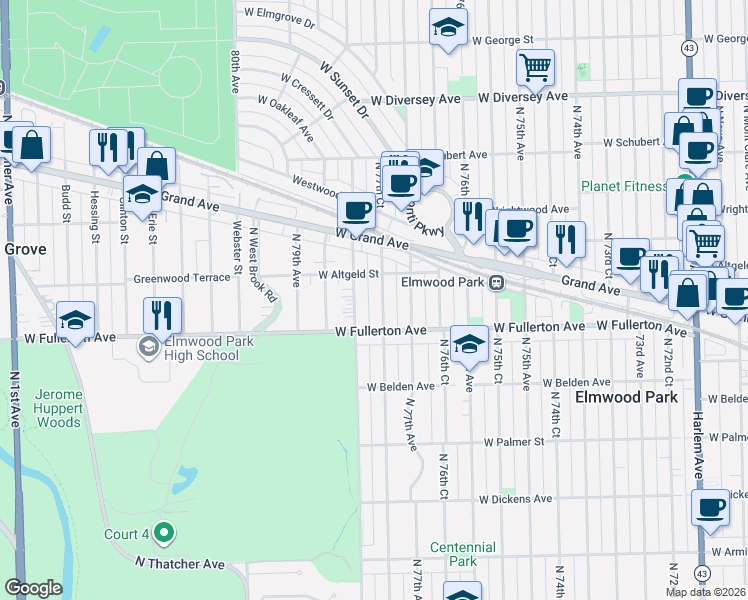 map of restaurants, bars, coffee shops, grocery stores, and more near 2447 North 78th Avenue in Elmwood Park