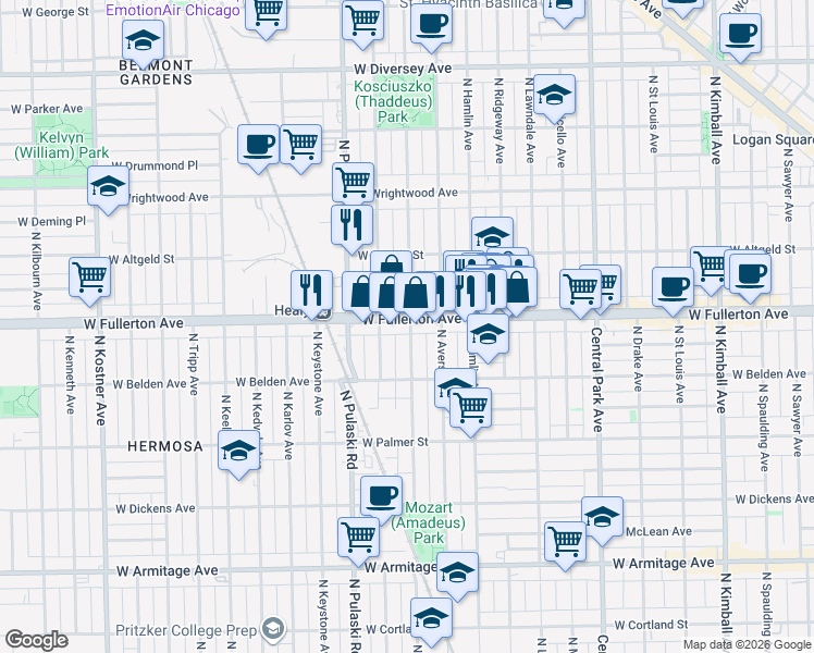 map of restaurants, bars, coffee shops, grocery stores, and more near 2416 North Springfield Avenue in Chicago