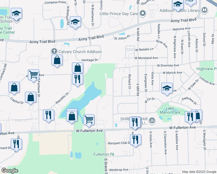 map of restaurants, bars, coffee shops, grocery stores, and more near 120 South La Londe Avenue in Addison