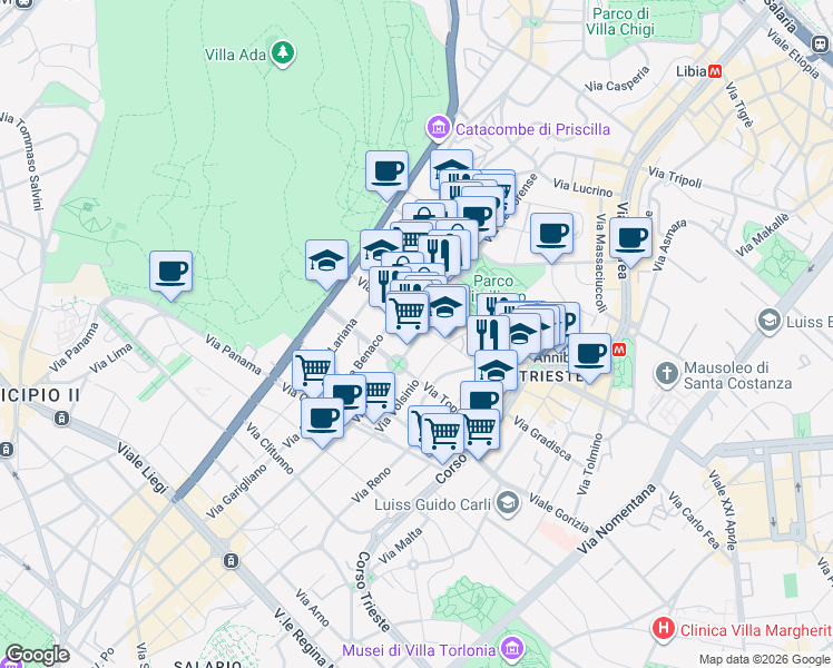 map of restaurants, bars, coffee shops, grocery stores, and more near 37 Via Nemorense in Roma