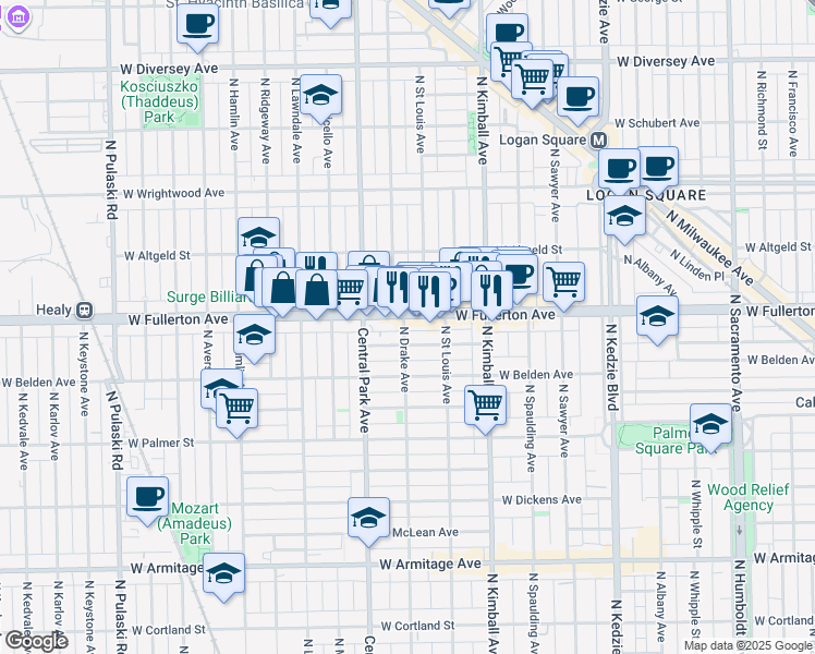 map of restaurants, bars, coffee shops, grocery stores, and more near 2347 North Drake Avenue in Chicago