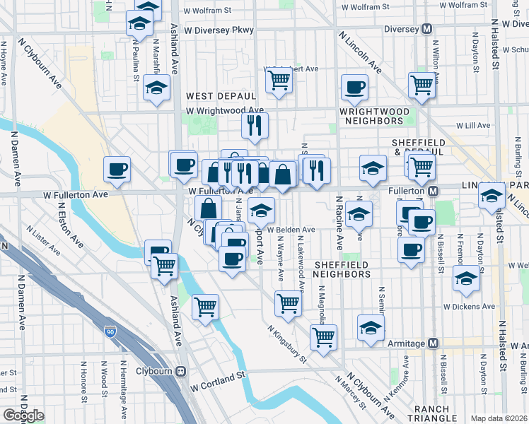 map of restaurants, bars, coffee shops, grocery stores, and more near 2327 North Southport Avenue in Chicago