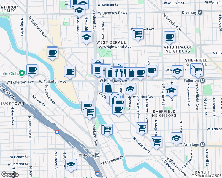map of restaurants, bars, coffee shops, grocery stores, and more near 1524 West Fullerton Avenue in Chicago