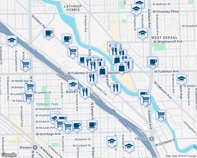 map of restaurants, bars, coffee shops, grocery stores, and more near 2354 North Elston Avenue in Chicago