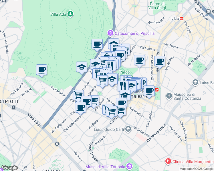 map of restaurants, bars, coffee shops, grocery stores, and more near 37 Via Nemorense in Rome