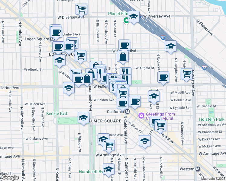 map of restaurants, bars, coffee shops, grocery stores, and more near 2838 West Fullerton Avenue in Chicago