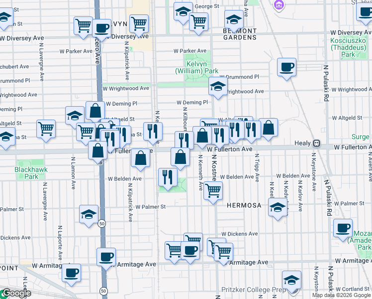 map of restaurants, bars, coffee shops, grocery stores, and more near W Fullerton Ave & N Kilbourn Ave in Chicago