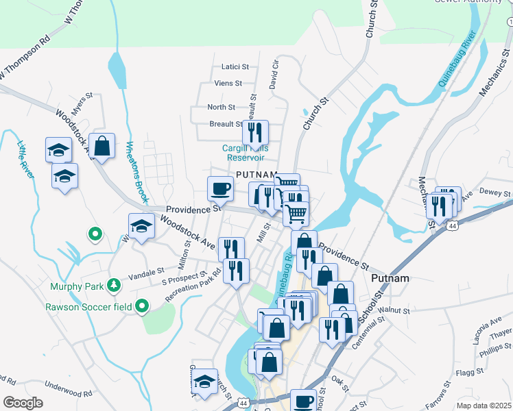 map of restaurants, bars, coffee shops, grocery stores, and more near 95 Van Den Noort Street in Putnam