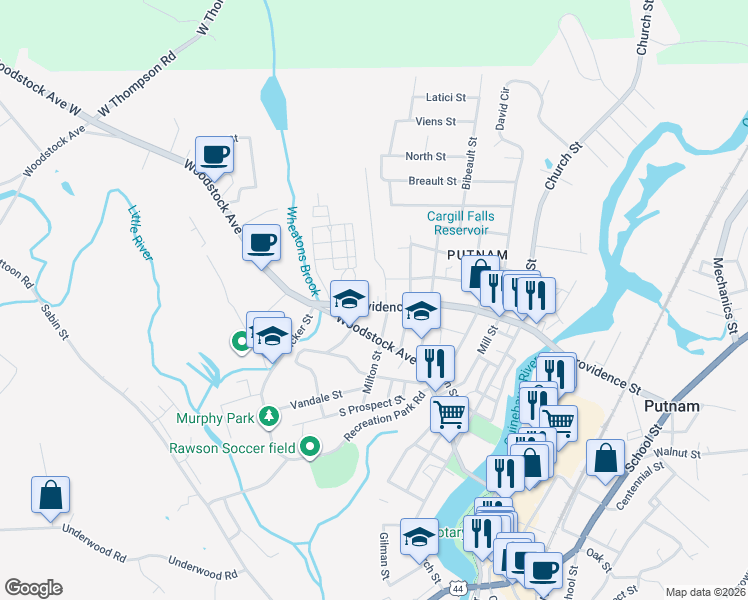 map of restaurants, bars, coffee shops, grocery stores, and more near 22 Woodside Street in Putnam
