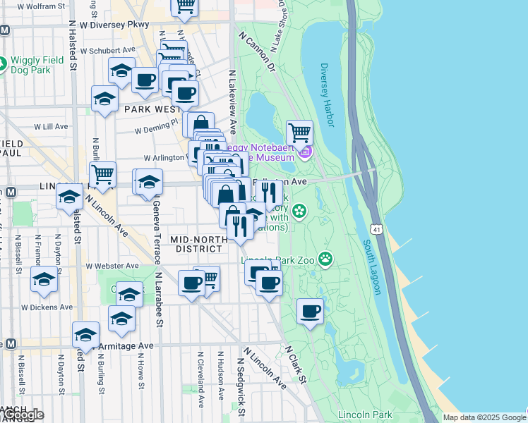 map of restaurants, bars, coffee shops, grocery stores, and more near 2329 North Commonwealth Avenue in Chicago
