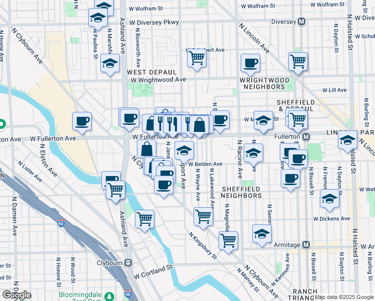 map of restaurants, bars, coffee shops, grocery stores, and more near 1363 West Fullerton Avenue in Chicago